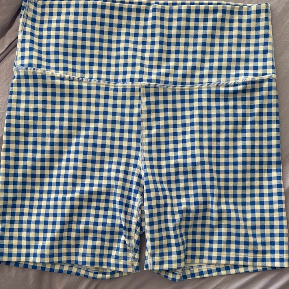 High-Waist Blue Gingham Women’s Bike Shorts
